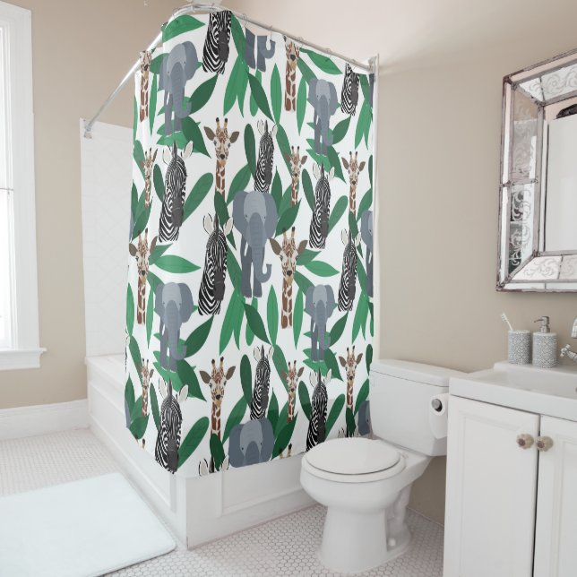 Jungle Zebra Elephant Giraffe Safari Animals Shower Curtain (In Situ)