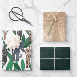 Jungle Zebra Elephant Giraffe Safari Animals Wrapping Paper Sheets