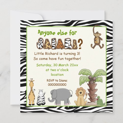 Jungle zebra safari kids birthday party invitation