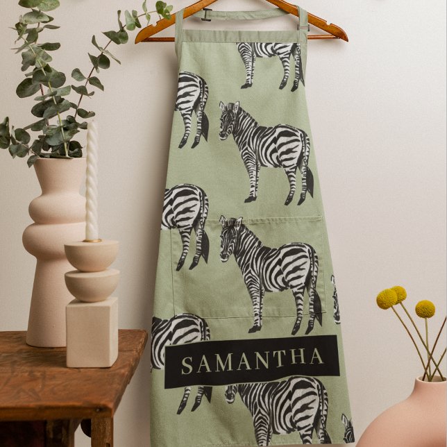Jungle Zebra Wild Pattern & Personalized Name Apron (Creator Uploaded)