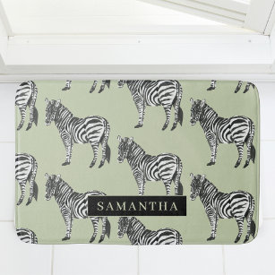 Jungle Zebra Wild Pattern & Personalized Name Bath Mat