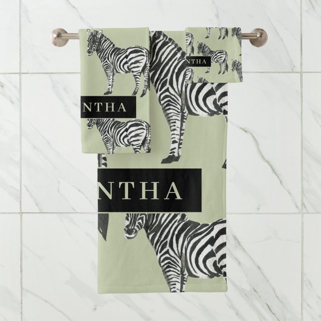Jungle Zebra Wild Pattern & Personalized Name Bath Towel Set