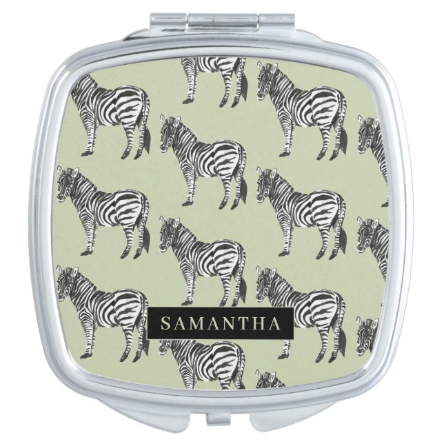 Jungle Zebra Wild Pattern & Personalized Name Compact Mirror (Front)