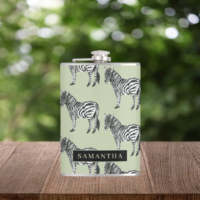 Jungle Zebra Wild Pattern & Personalized Name Flask (Creator Uploaded)