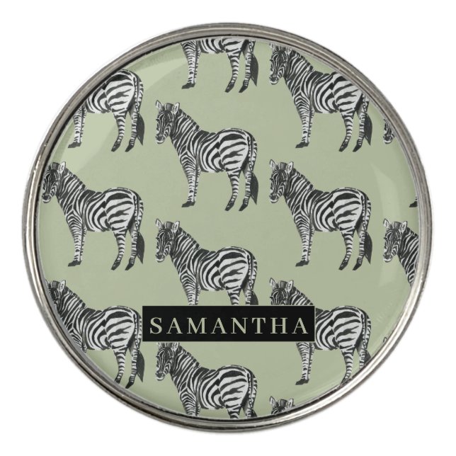 Jungle Zebra Wild Pattern & Personalized Name Golf Ball Marker (Front)