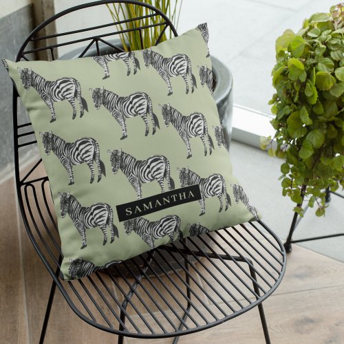 Jungle Zebra Wild Pattern  Personalized Name Outdoor Pillow
