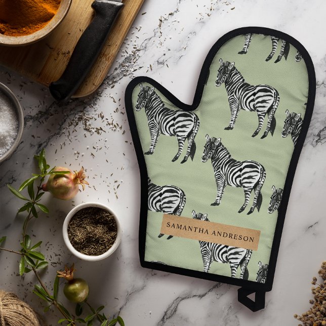 Jungle Zebra Wild Pattern & Personalized Name Oven Mitt & Pot Holder Set (Creator Uploaded)