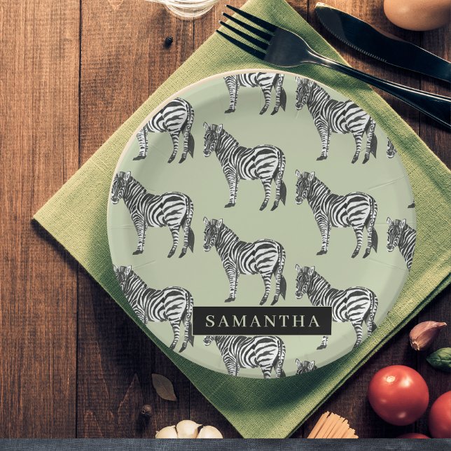 Jungle Zebra Wild Pattern & Personalized Name Paper Plates (Creator Uploaded)