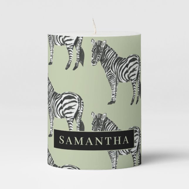Jungle Zebra Wild Pattern & Personalized Name Pillar Candle (Front)