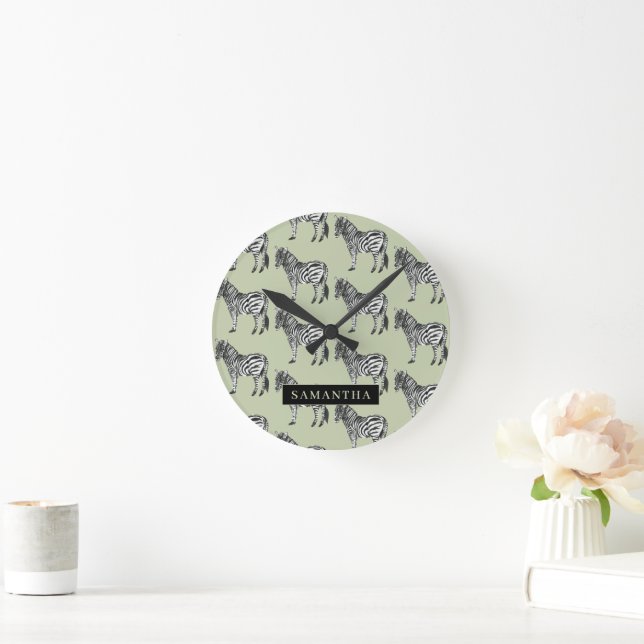 Jungle Zebra Wild Pattern & Personalized Name Round Clock (Home)