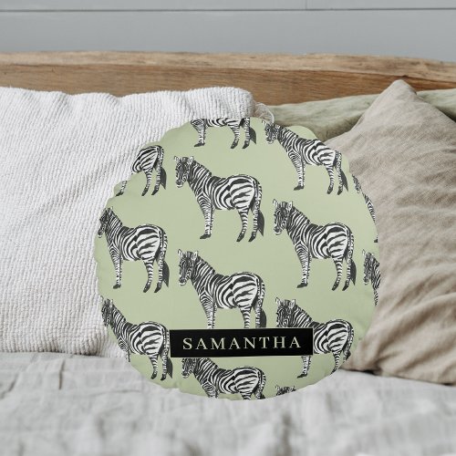Jungle Zebra Wild Pattern  Personalized Name Round Pillow