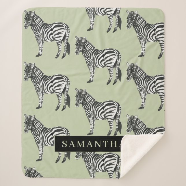 Jungle Zebra Wild Pattern & Personalized Name Sherpa Blanket (Front)