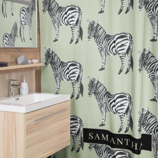 Jungle Zebra Wild Pattern & Personalized Name Shower Curtain (Creator Uploaded)