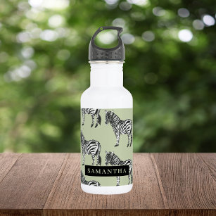 Jungle Zebra Wild Pattern & Personalized Name Stainless Steel Water Bottle