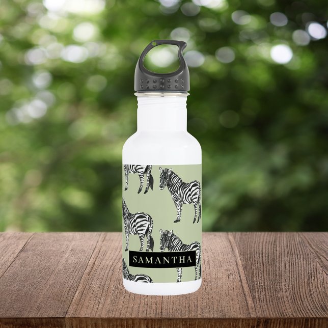Jungle Zebra Wild Pattern & Personalized Name Stainless Steel Water Bottle (Creator Uploaded)