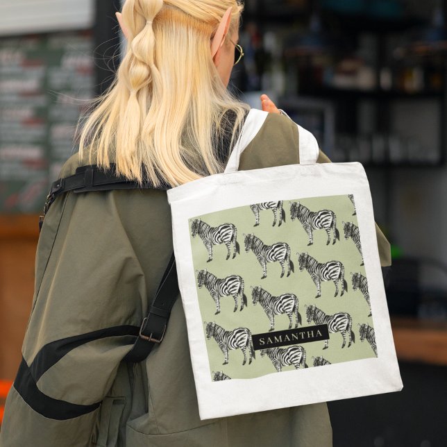 Jungle Zebra Wild Pattern & Personalized Name Tote Bag (Creator Uploaded)