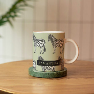 Jungle Zebra Wild Pattern & Personalized Name Two-Tone Coffee Mug