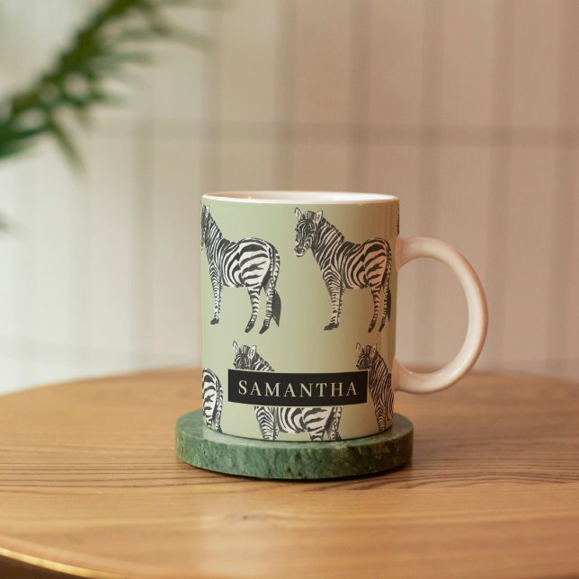 Jungle Zebra Wild Pattern & Personalized Name Two-Tone Coffee Mug (Creator Uploaded)