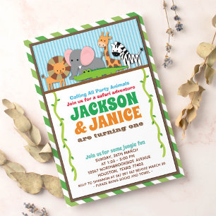 Jungle Zoo Animal Safari Joint Twins Birthday Invitation