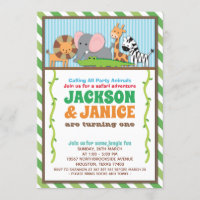 Jungle Zoo Animal Safari Joint Twins Birthday Invitation