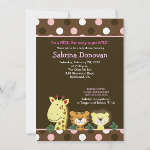 JUNGLE ZOO PARTY 5x7 Brown/Pink Baby Shower Invitation