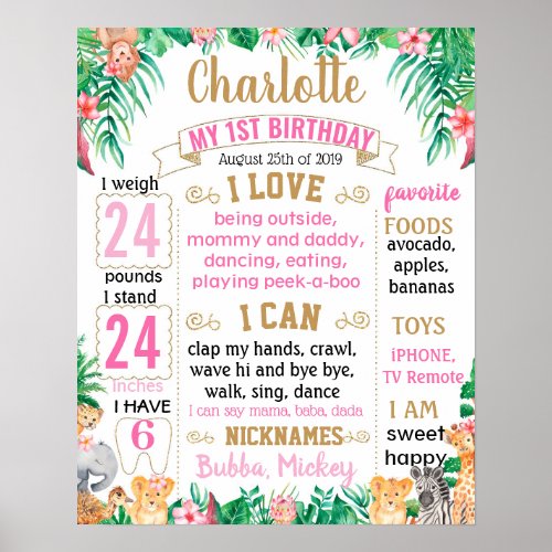 Jungle Zoo Safari Animals Birthday board Poster