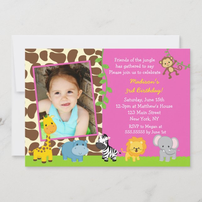 Jungle Zoo Safari Animals Birthday Invitations (Front)