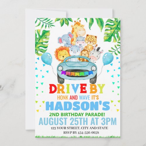 Jungle Zoo Safari animals Drive by Birthday invite