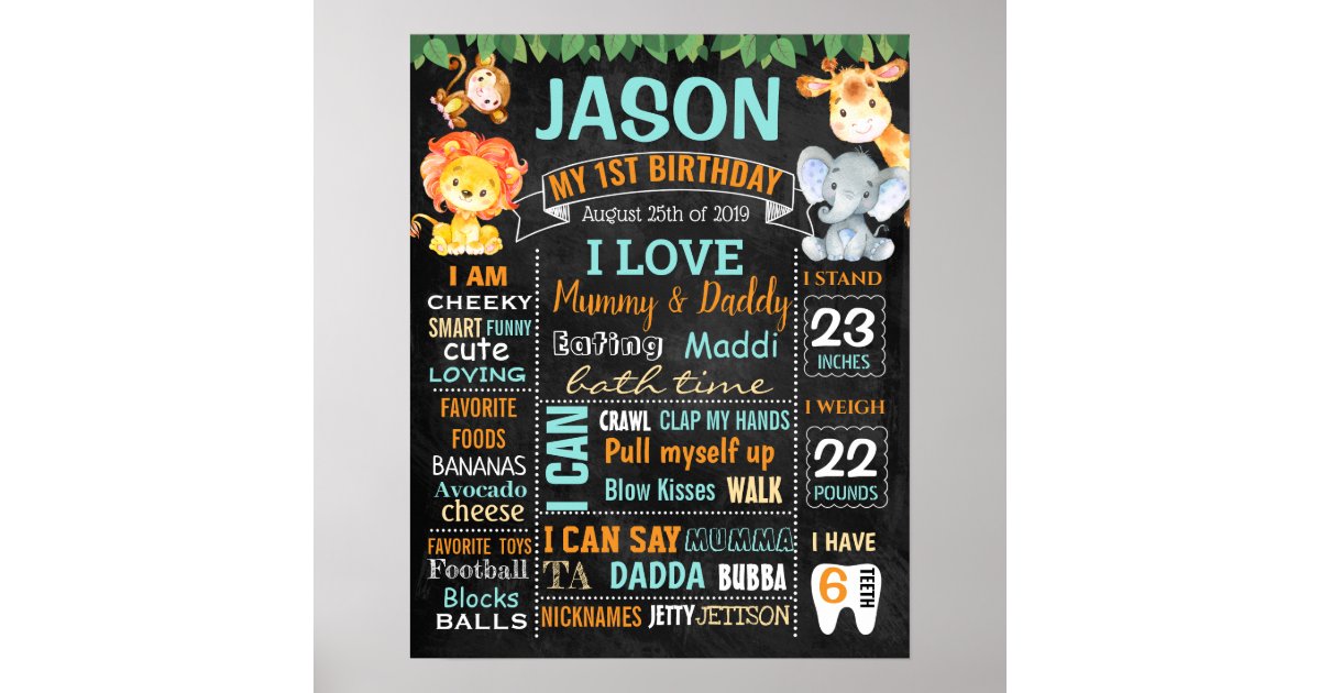 Jungle Zoo Safari Animals First Birthday board Poster | Zazzle.com