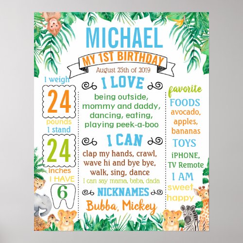 Jungle Zoo Safari Animals Wild one Birthday Poster