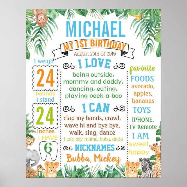 Jungle Zoo Safari Animals Wild one Birthday Poster (Front)