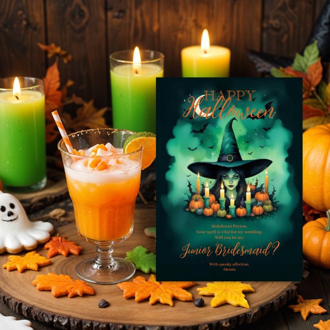 Junior Bridesmaid Halloween Witch Conjures (Attractive & Mystical Halloween Witch Conjures Enchanting Spells Amid Glowing Candles JR Bridesmaid)