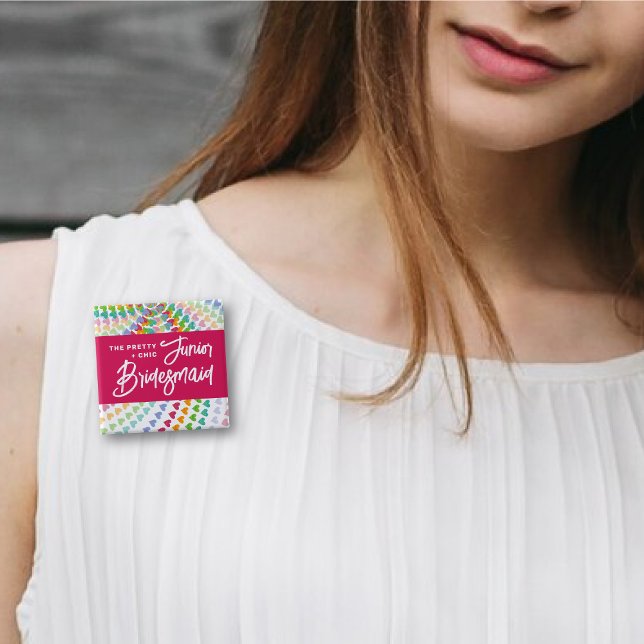 JUNIOR BRIDESMAID Rainbow Hearts Sprinkles Wedding Pinback Button (JUNIOR BRIDESMAID Rainbow Hearts Sprinkles Bridal Party / Wedding Pinback Button @ fat_fa_tin)