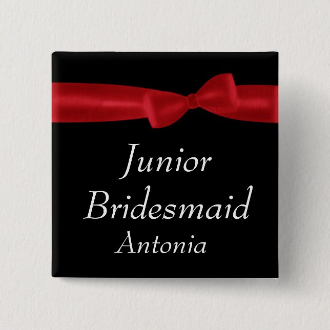 JUNIOR BRIDESMAID Red Bow Wedding Custom Name Button (Front)