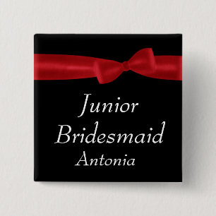 JUNIOR BRIDESMAID Red Bow Wedding Custom Name Button
