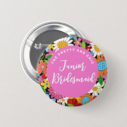 JUNIOR BRIDESMAID Spring Flowers Wedding Name Tag Pinback Button