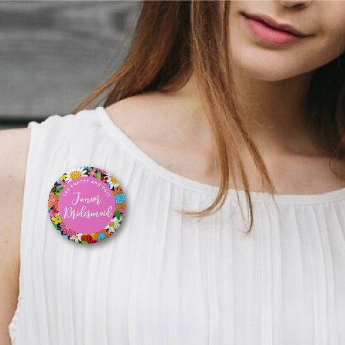 JUNIOR BRIDESMAID Spring Flowers Wedding Name Tag Pinback Button