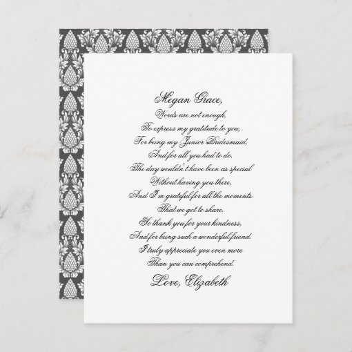 Junior Bridesmaid Thank You Script Poem Card | Zazzle