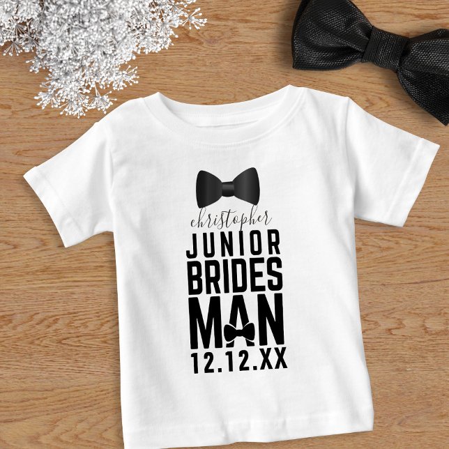 Junior Bridesman Bow Tie Bridal Party Name Baby T-Shirt (Add your Junior Bridesman's name and your wedding date to this cute bridal party shirt)
