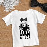 Junior Bridesman Bow Tie Bridal Party Name Baby T-Shirt<br><div class="desc">Treat your junior bridesman to matching bow tie junior bridesmen shirts! Just add their name and your wedding date and get them to woo your guests with their cuteness. Perfect attire for wedding rehearsals</div>