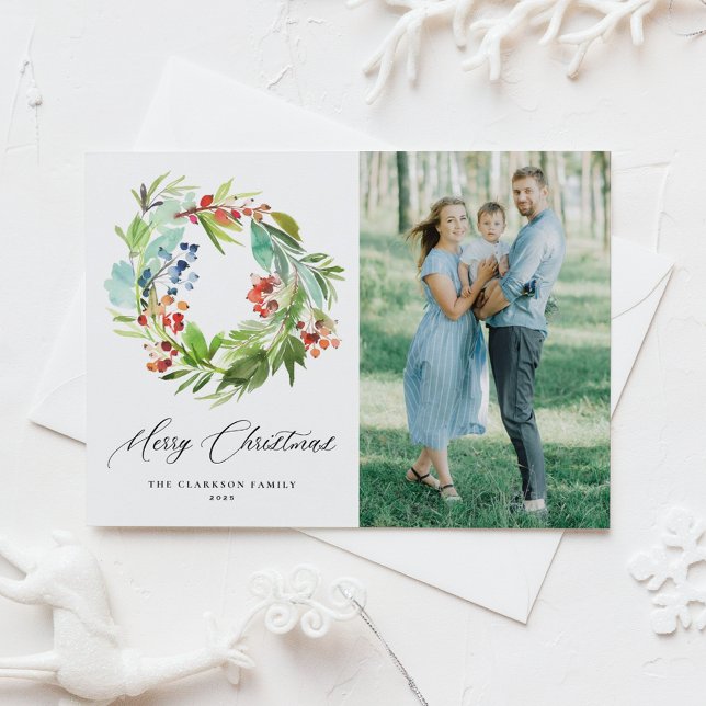 Juniper and Holly Wreath Merry Christmas Photo Postcard (Creator Uploaded)