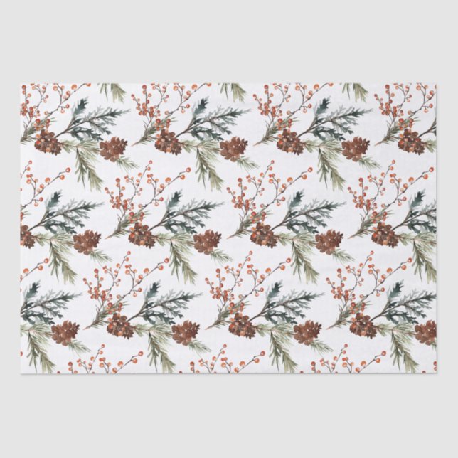 Juniper Pine Branches Cones Ilex Berries Tissue Paper (Front)