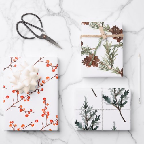Juniper Pine Tree Branch Cones  Red Ilex Berries Wrapping Paper Sheets