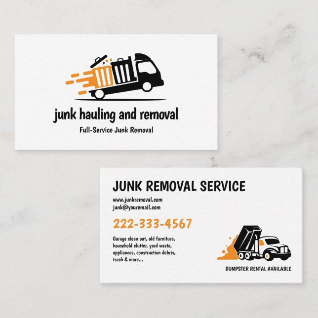 JUNK HAULING TRASH REMOVAL ORANGE BLACK BUSINESS CARD (Front/Back)