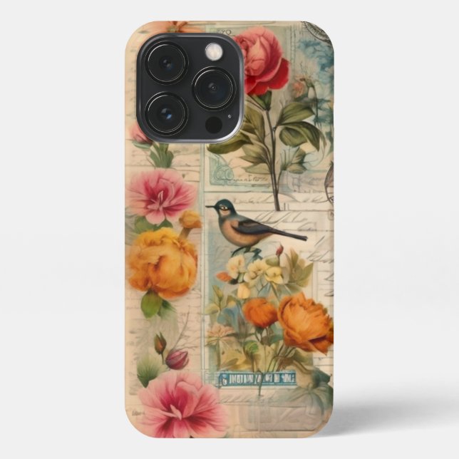 Junk Journal page with flowers + birds -  iPhone Case (Back)