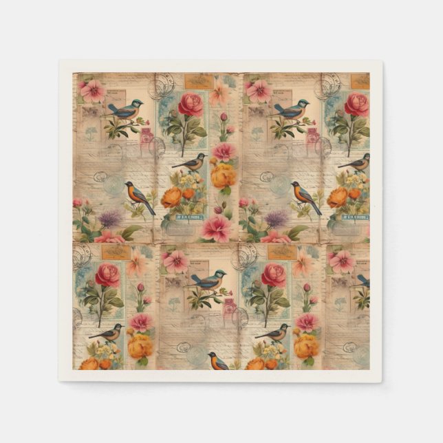 Junk Journal page with flowers + birds - Napkins (Front)