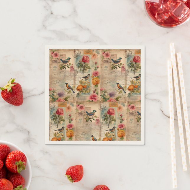 Junk Journal page with flowers + birds - Napkins (Insitu)