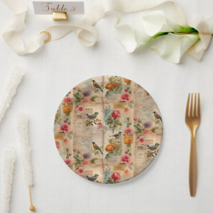 Junk Journal page with flowers + birds - Paper Plates