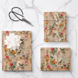 Junk Journal page with flowers + birds -  Wrapping Paper Sheets