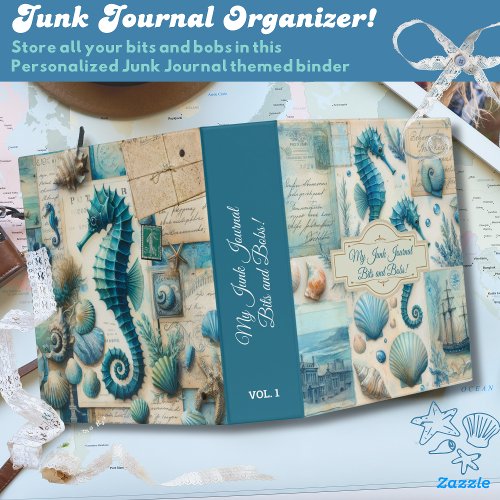 Junk Journal Storage Vintage SeaHorses Ocean Sea 3 Ring Binder